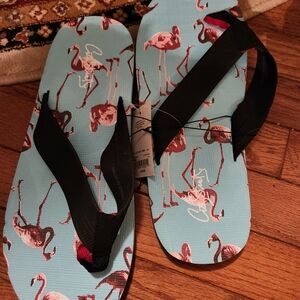Flamingo Print Sandals with Black Straps